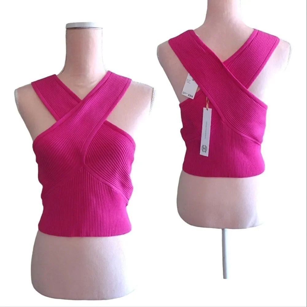 House of Harlow 1960 Hot Pink Ribbed Cross Over Halter Crop Top Large NWT